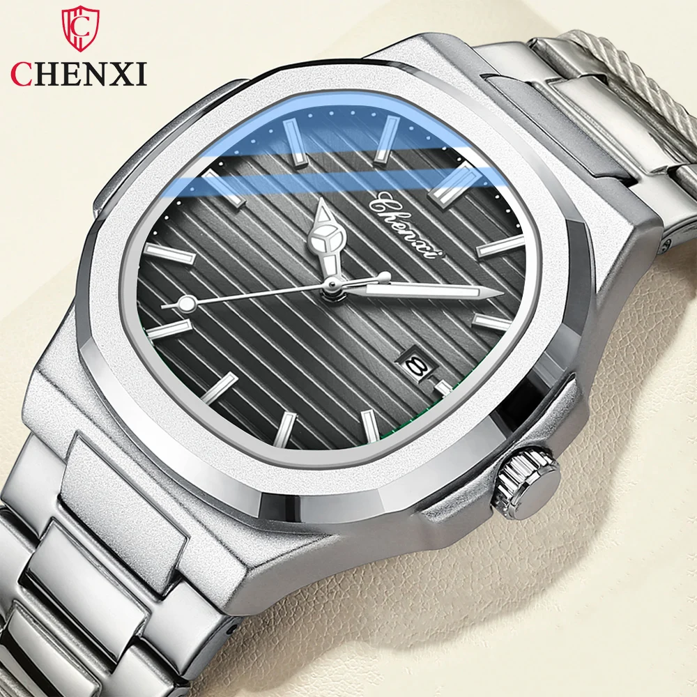 CHENXI Solid Stainless Steel Strap Quartz Watch Men Octagonal Alloy Case Striped Dial Business Men's Wristwatches with Calendar