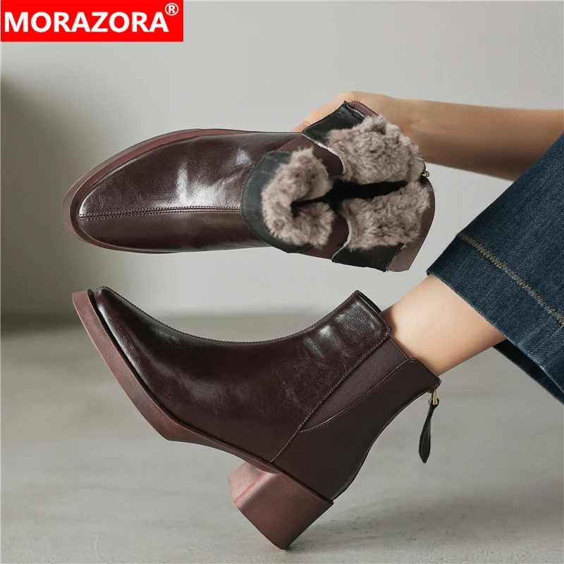 

MORAZORA Big Size 34-42 New Genuine Leather Boots Women Zipper Ankle Boots Chunky Heels Wool Warm Winter Snow Boots