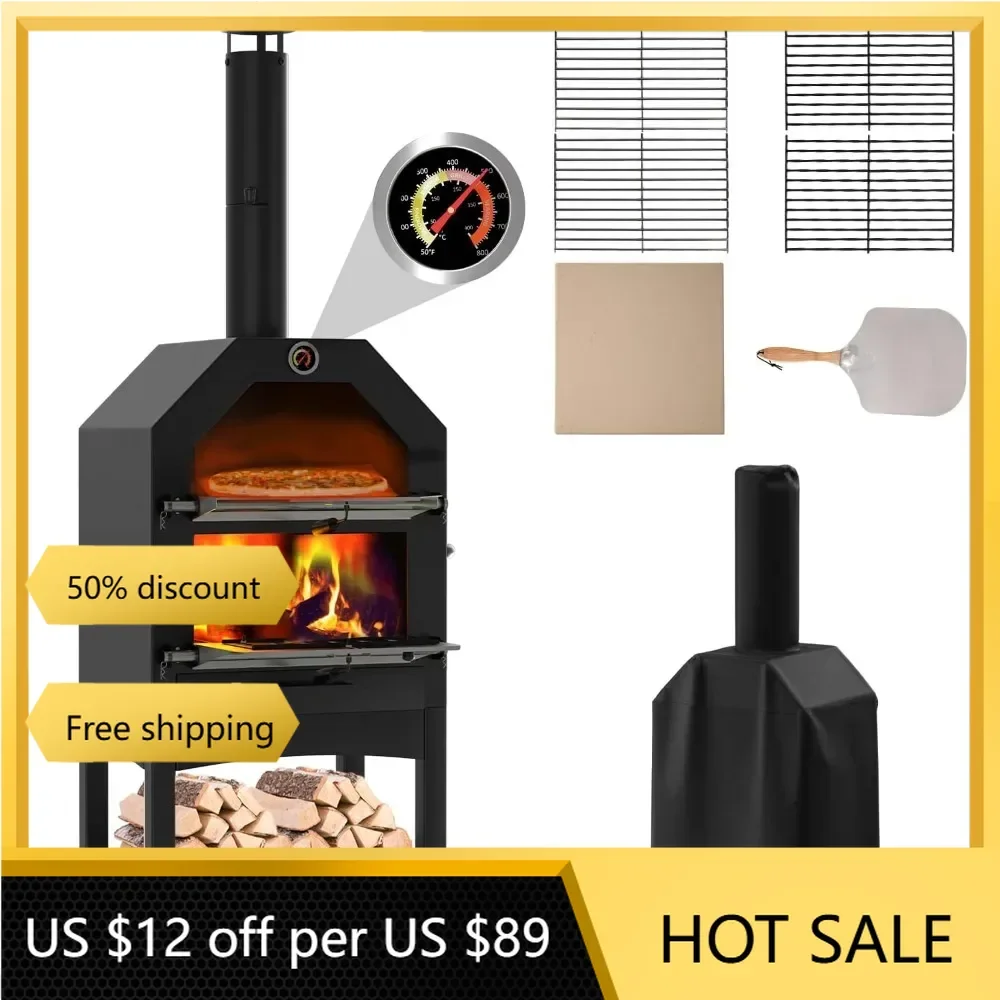 Wood Pizza Ovens for Outside with Waterproof Cover, Pizza Stone, Peel, 2 Layer Steel, Freestanding Steel Oven with 2 Wheels