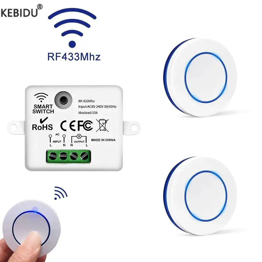 433MHz Wireless Remote Control Light Switch 10A Relay Controller Mini Round Button Wall Panel Switch For Lighting Led