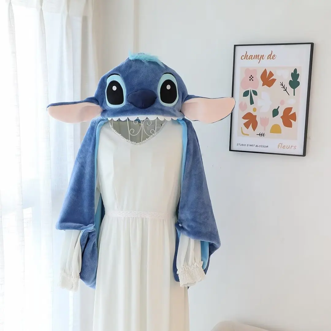 New Stitch Hooded Cloak Blanket Cartoon Anime Thickened Big Blanket With Hat Flannel Warm Blanket Student Office Nap Blanket