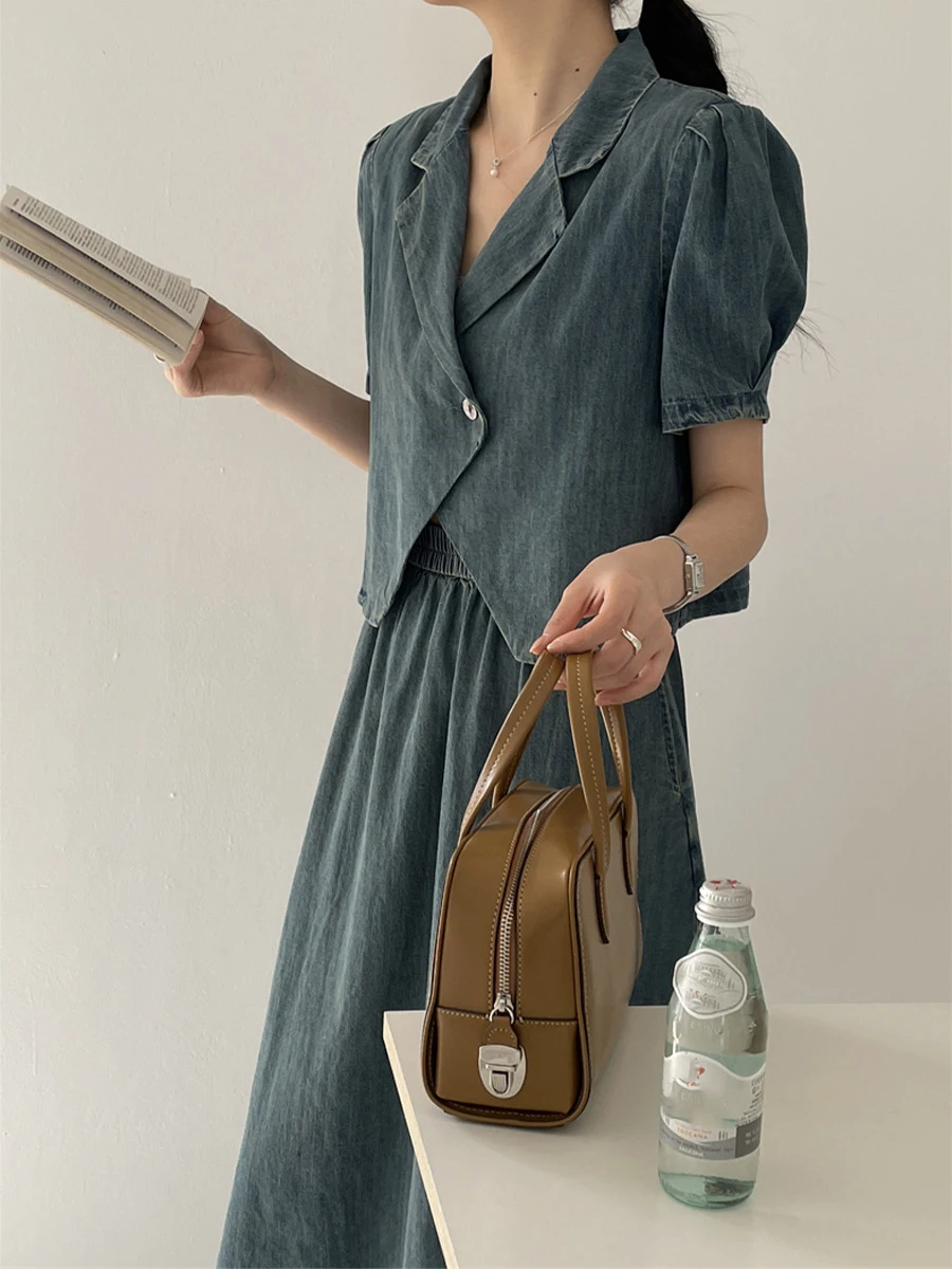 Gentle Women Denim Suits V-neck Bubble Sleeves Top And Elastic Waist Mid-Calf Skirt 2023 Summer Female Casual Two Piece Sets