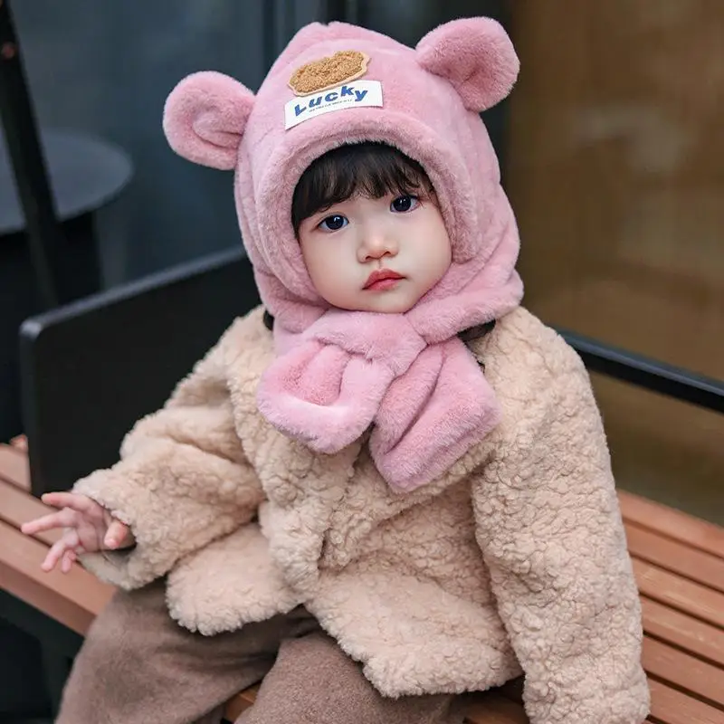

Winter Baby Plush Scarf Hat One-piece Warm Headgear Cute Bear Kids Ear Protection Cap 1-5year Children Cross Neckerchief Beanies