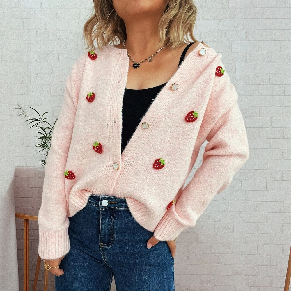 

Long Sleeve Round Neck Cardigan Autumn Winter Clothes Button Decoration Loose Fit Commute Style Women's Open Front Knitwear