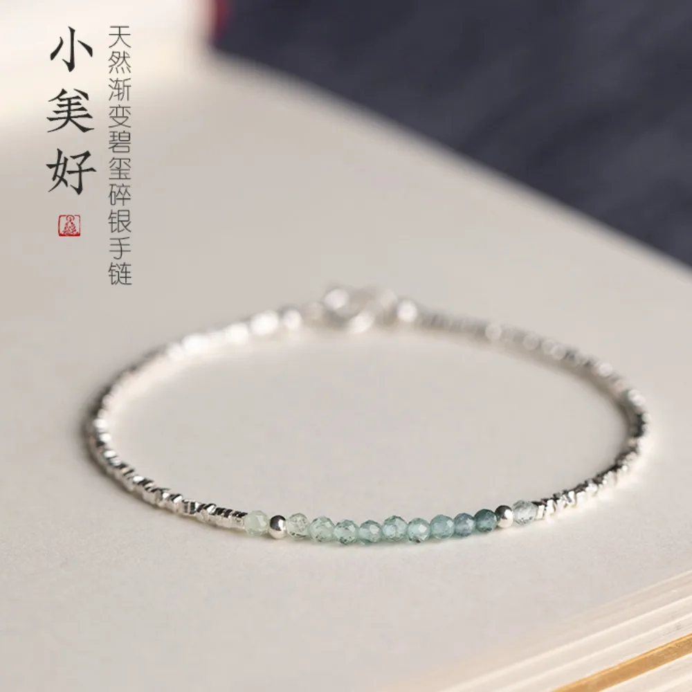 Natural Pure 990 Silver Natural Stone Gradient Blue Tourmaline Bracelet for Girlfriend Simple Gift Fine Jewerly Tassels Gift