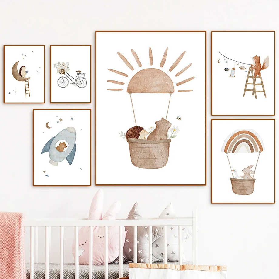 Cartoon Animals Nursery Wall Art Mural Rabbit Hedgehog Fox Bear Posters Canvas Painting Prints Pictures Baby Kids Bedroom Decor