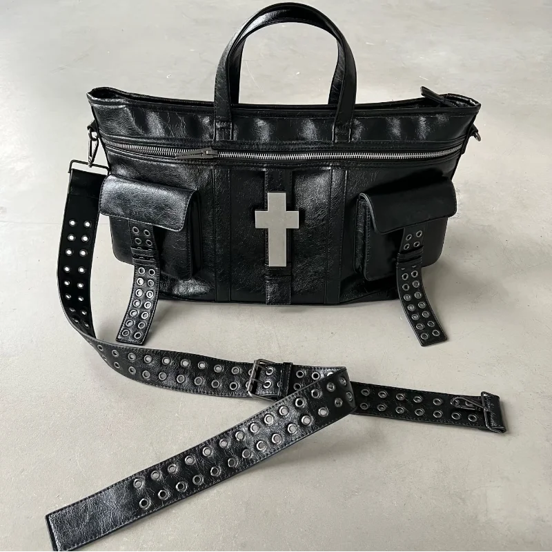 

Brand Distressed Cross Hollow Rivet Wide Shoulder Strap Tote, Large Capacity Unisex Shoulder Crossbody Bag Travel Motorcycle Bag