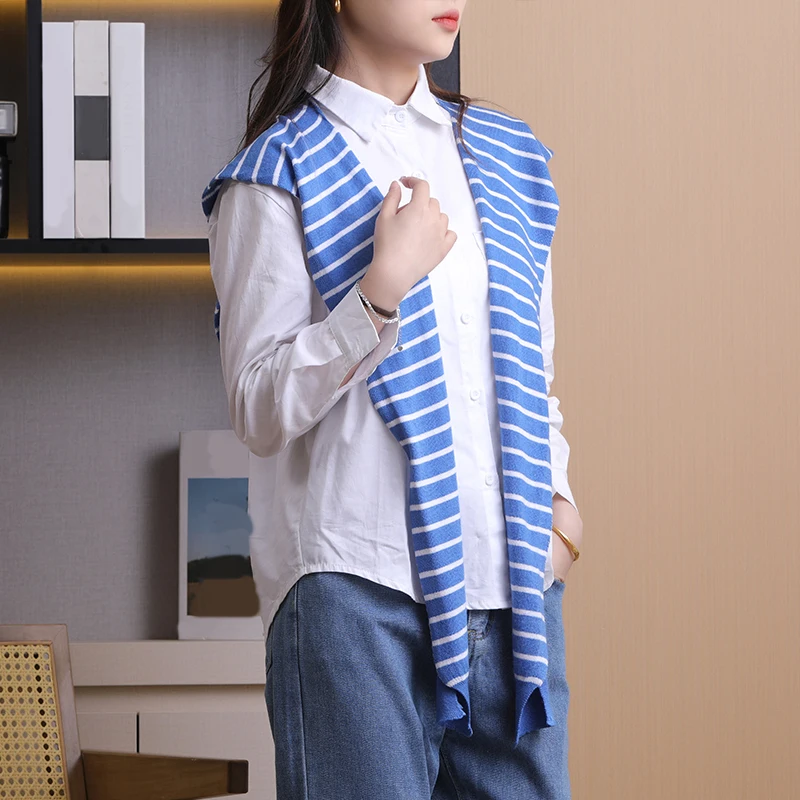 Women Wool Knitted Stripe Shawl Autumn Warm Neck Shoulder Protect Scarf Wraps Korea Fashion Fake Collar Girl