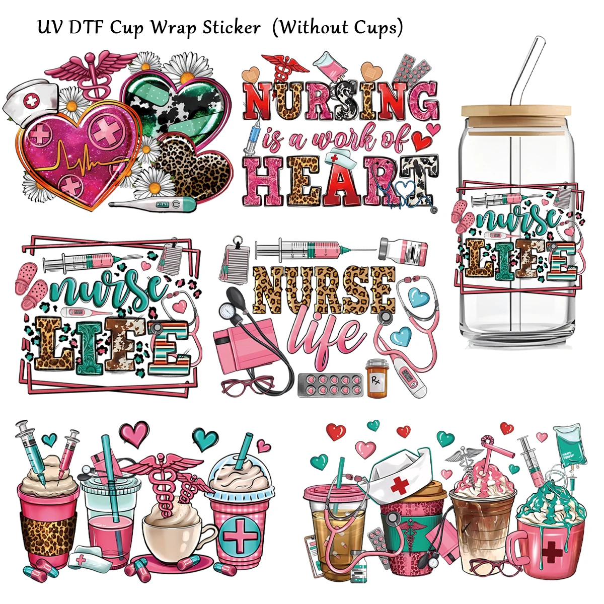 6 Blatt Mark Cup Glas UV-Transferaufkleber, personalisierter Krankenschwester-Leben-Themen-Muster-Dekorationsaufkleber, lustiges Etikett mit Wörtern-Designs