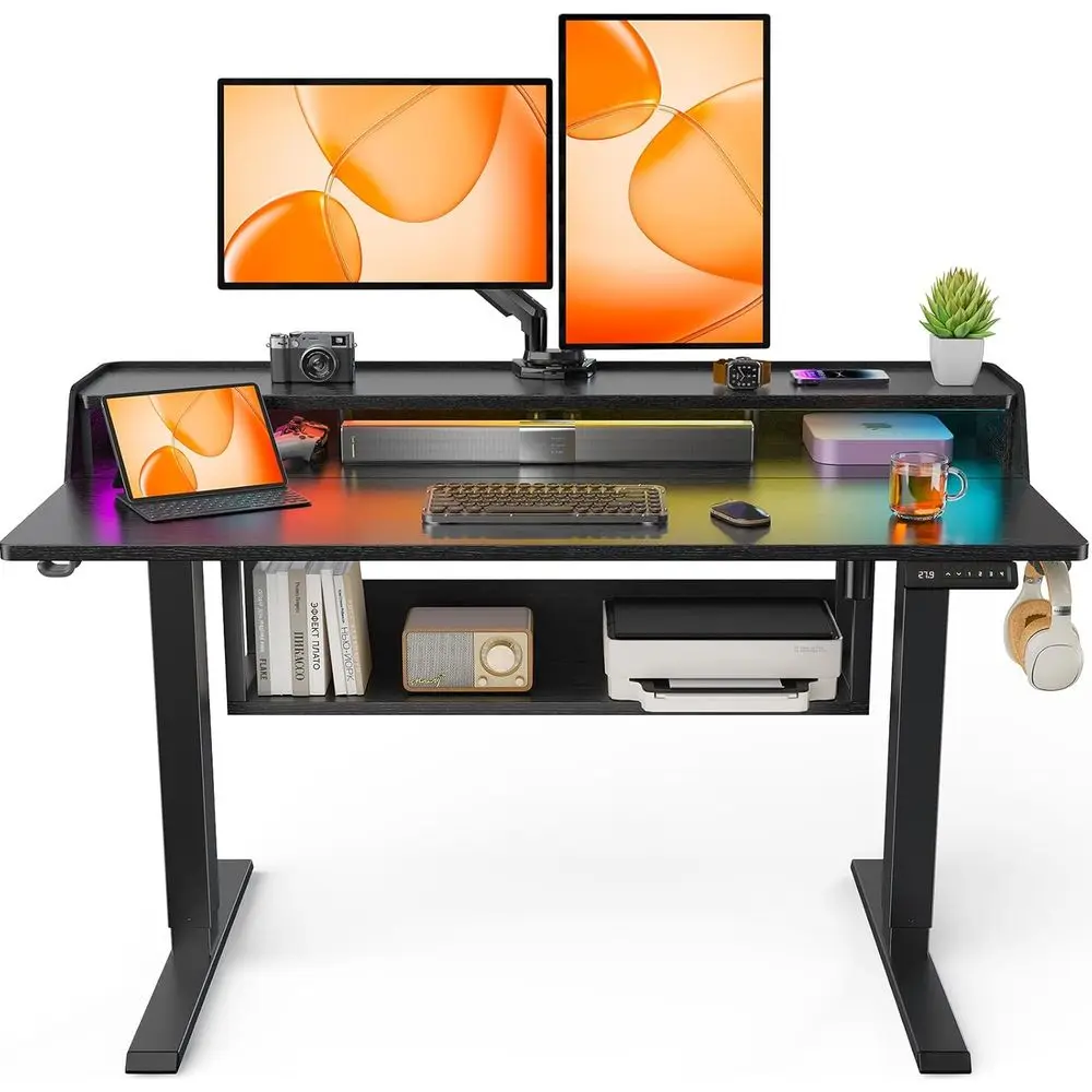 

Регулируемый стол-трансформер 48x24 с полкой для книг и подставкой для монитора, светодиодной подсветкой, для домашнего офиса или игр, черный