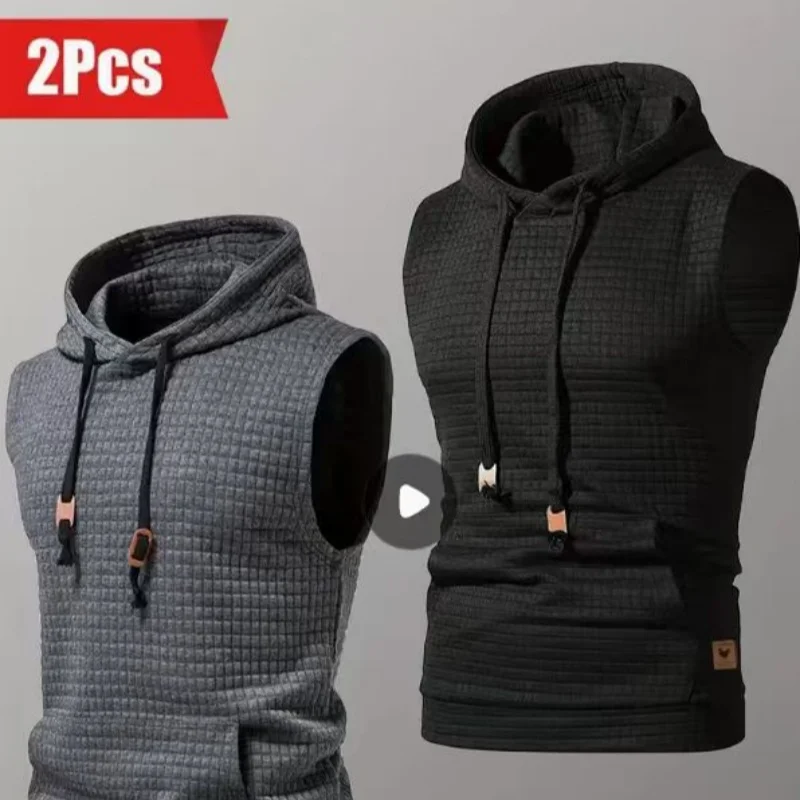 

Two piece men's sleeveless hooded sweatshirt, fashionable and casual hooded sweatshirt, men's bodybuilding vest, sports vest, ve