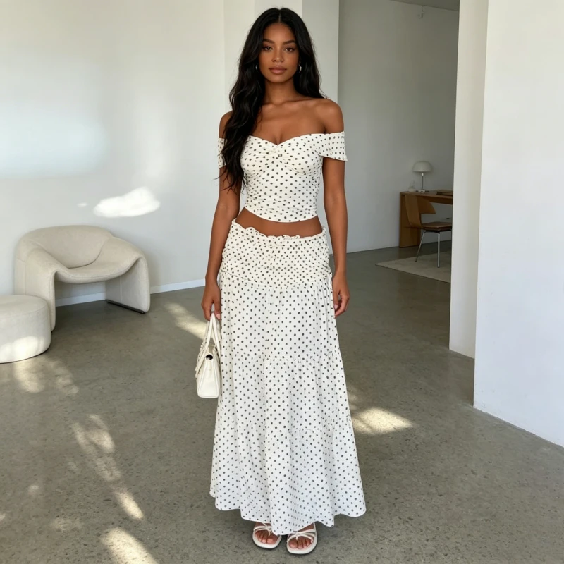 

Skirt Suit Women Sexy Crop Top Long Skirts 2 Piece Sets Polka Dot Print Ensemble Slash Neck Summer High Street Outfits 2026