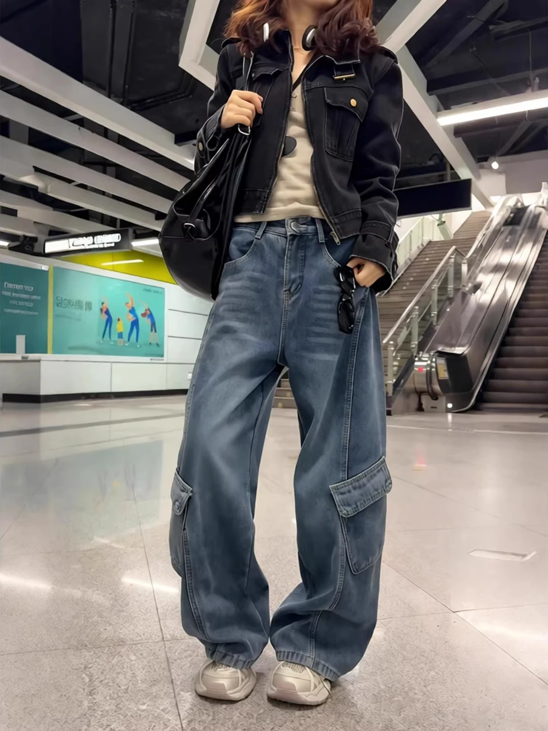 

Deep Blue Deconstructed Wide Leg Jeans ex Loose Multi-ket Logging Workwear Pants Drop-Crotch Micro Flared Trousers