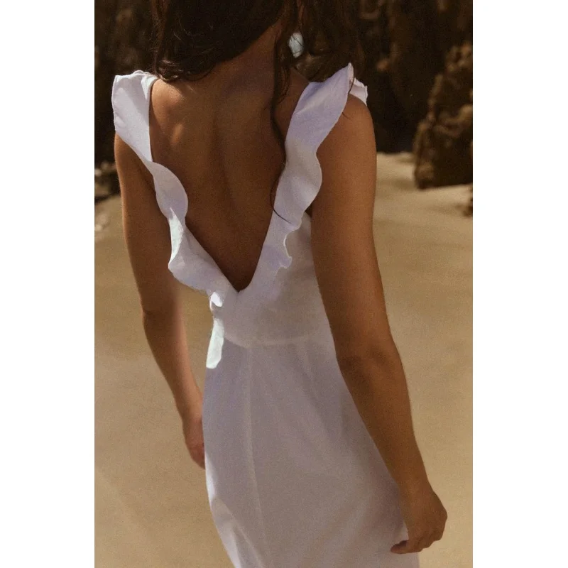 Vestido de tecido corta-vento com decote em V, design aberto, laço de borboleta, decoração em camadas, saia longa de cintura ...