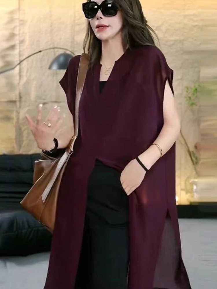 

Ele V-Ne Svel Long Thin Women's irt Summer New Design High-End Sense Open Split Sunscreen Top Korean Sle