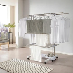 Aço inoxidável móvel Folding Clothes Rack, Cremalheira multifuncional 4-Section, Double-Rod Wing Storage