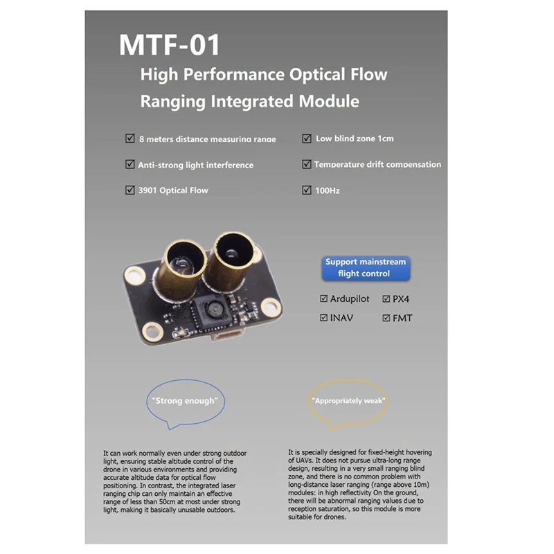 Модуль оптического датчика MTF 01 PMW3901 Оптический датчик расхода 8 м Встроенный лазерный дальномер