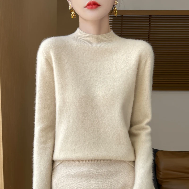 Women's Cashmere Knitted Sweater 100% Merino Wool Half High Collar Long Sleeve Pullover Elegant Warm and Unique Top High Quality