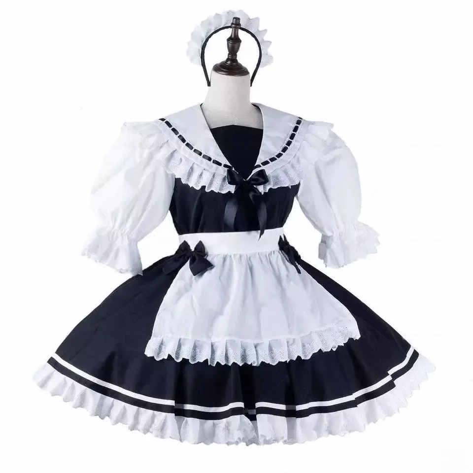 Sexy sissy French maid black and white satin lockable multi-layer lace dress maid cosplay costume customizable