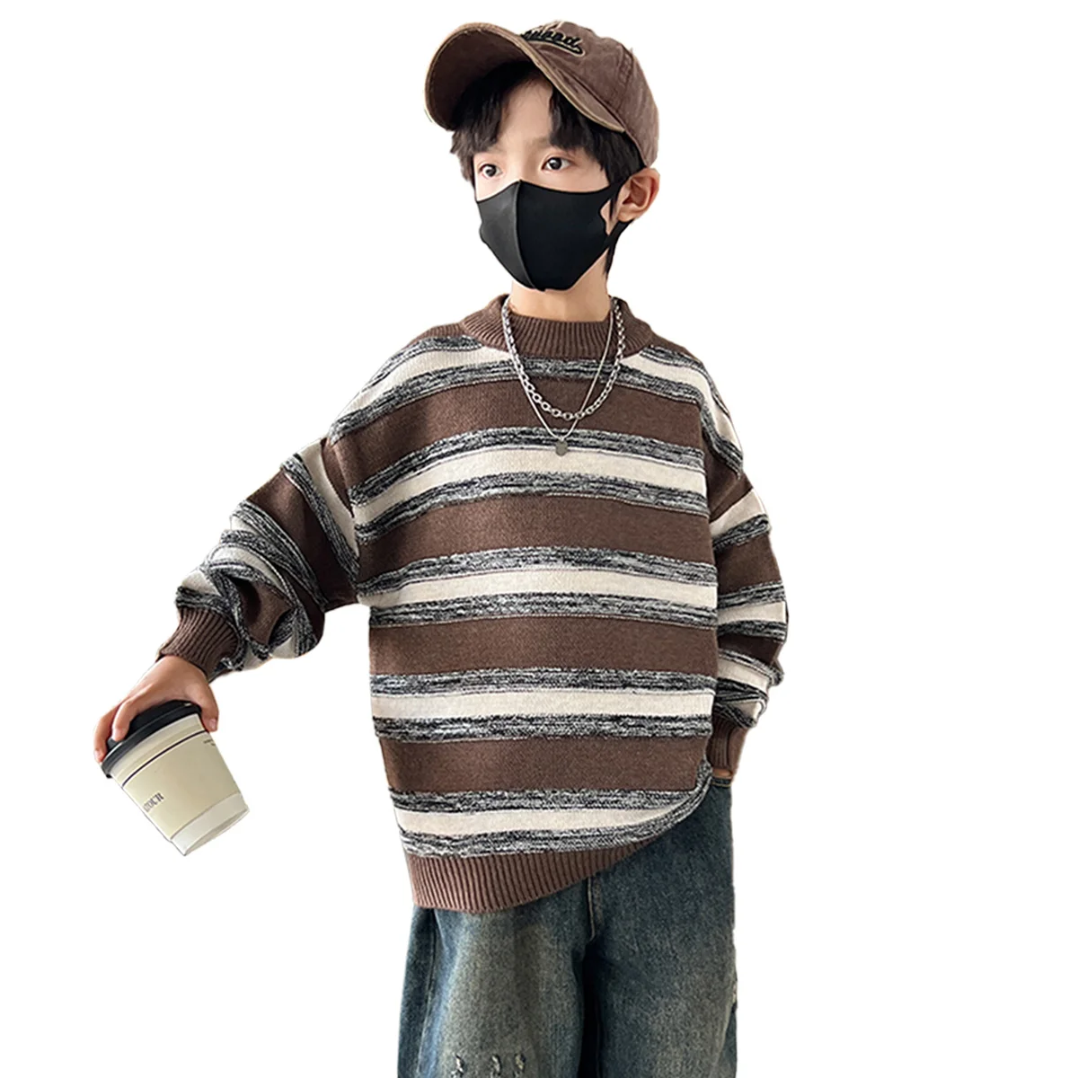 Spring New Children Brown Striped Sweater For 5-14Years Boys Longsleeve Casual Knitted Pullover Tops Kids Round Neck Knitwear