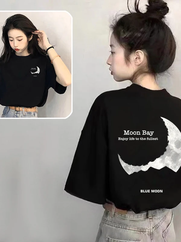 

Свободная футболка с коротким рукавом в корейском стиле, универсальная летняя модная футболка с креативным принтом, большие размеры, хлопок