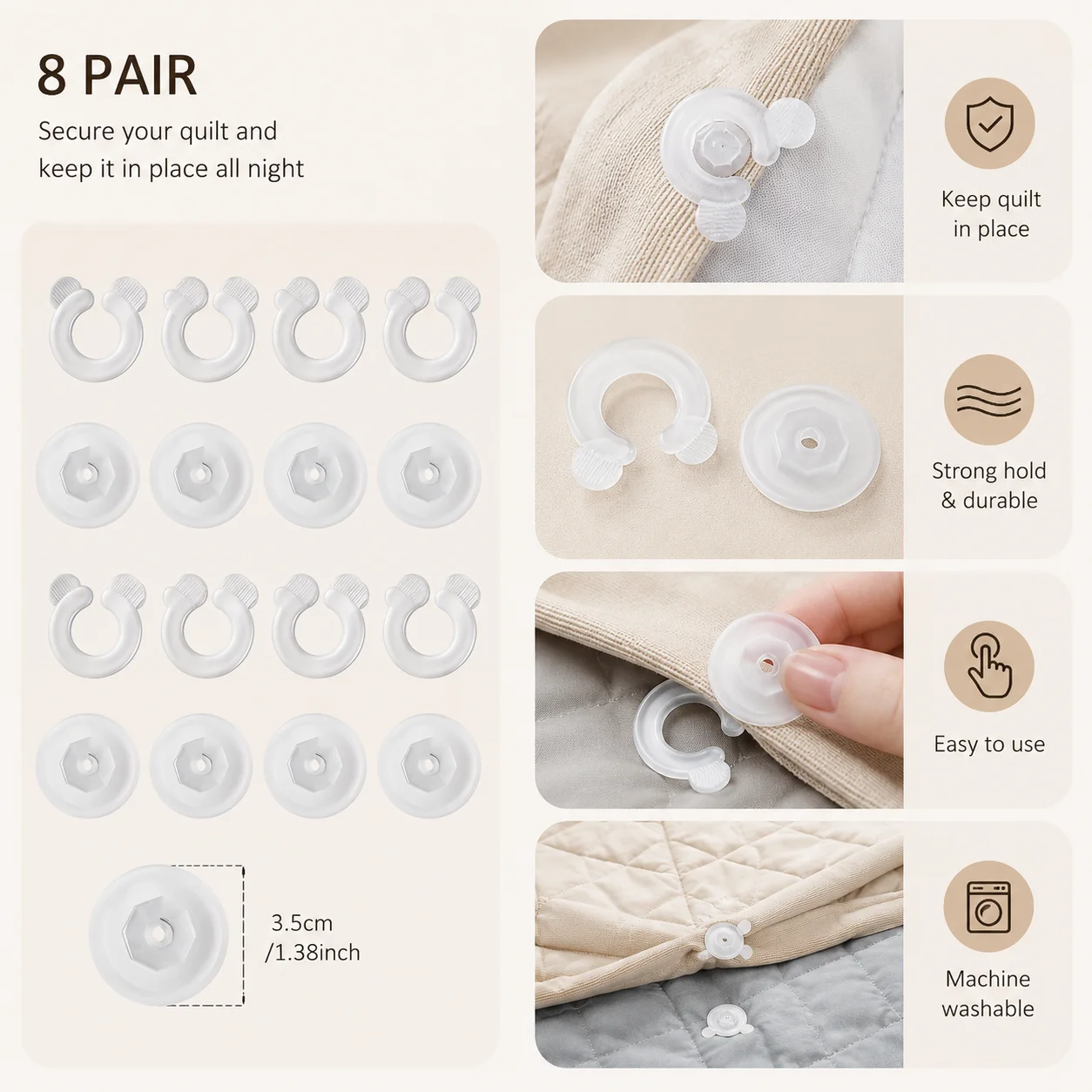 8 pares de clips para edredón sin agujas, sujetadores antideslizantes para edredones, clips de sujeción seguros para edredones, fundas de edredón y sábanas