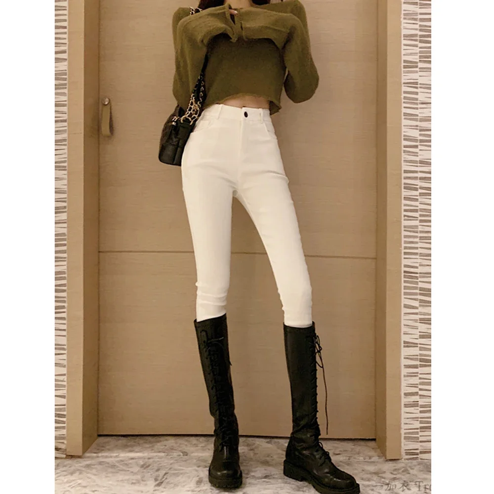 Pure White High Waist Winter Denim Jeans Women Slimming Fit Skinny Pencil Pants Elastic Stretch Velvet Hot Lining Trousers LJ411