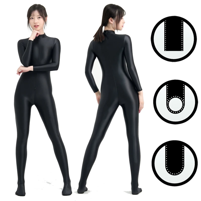 

Satin Glossy bodysuit High Neck Long Sleeve jumpsuit Unisex Crotch Double End Zipper Leotard Shiny body shaping bodybuilding