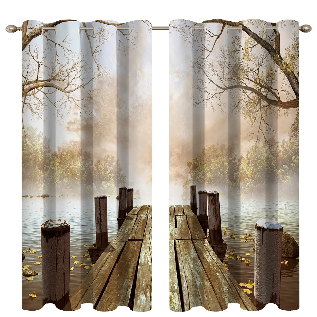 2 Pcs/set Lakeside Pier Thickened Cloth Curtain Nordic Window Blackout Curtains for Bedroom and Living Room