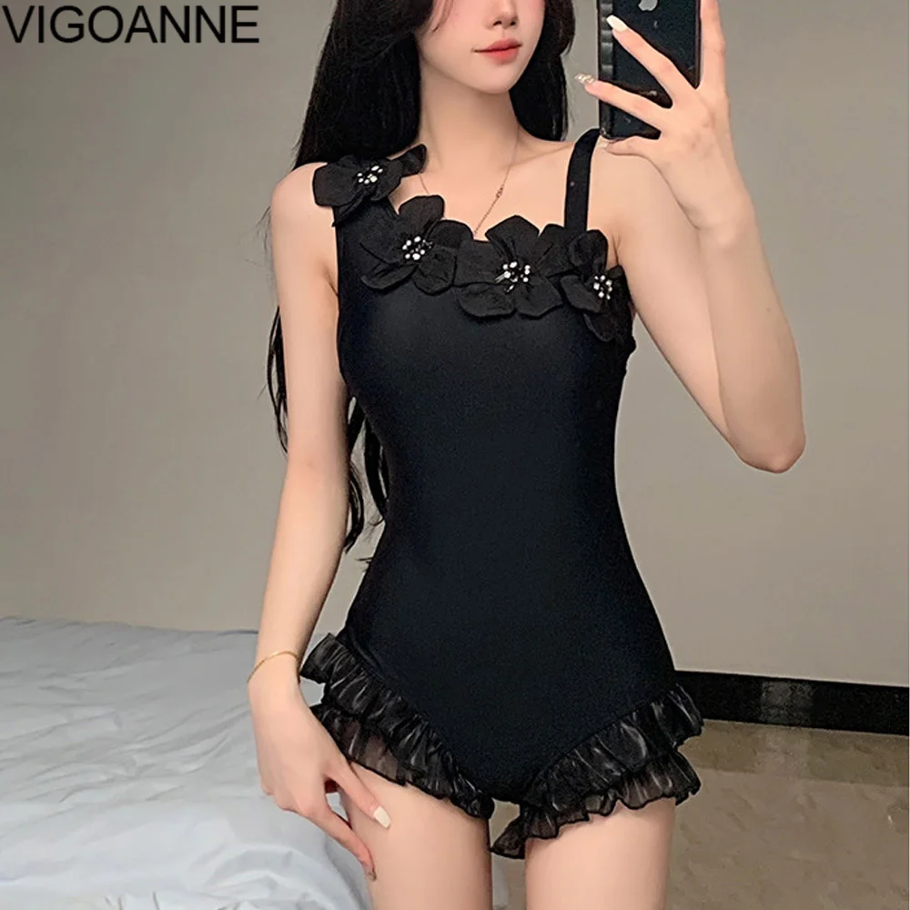 

VigoAnne Black Strapped Verge Swimwear Women 2024 Sexy Push UP Flower One Piece Swimsuit Korean Monokini Backless Bathing Suit