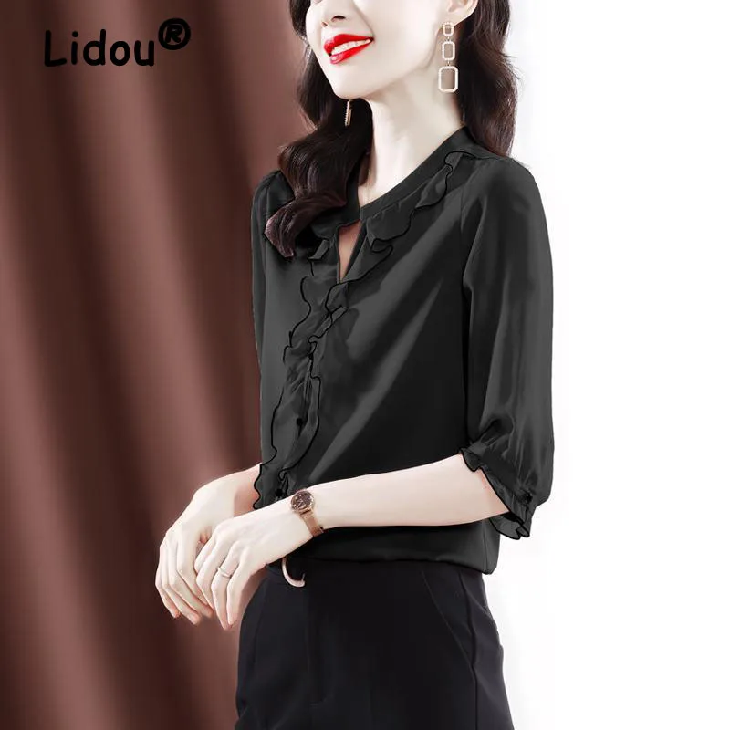 

Woman Half Sleeve V Neck Chiffon Blouses Top Urban Office Lady Fashion Pullovers Blouse Women's Vintage Elegant Black Shirt 2022
