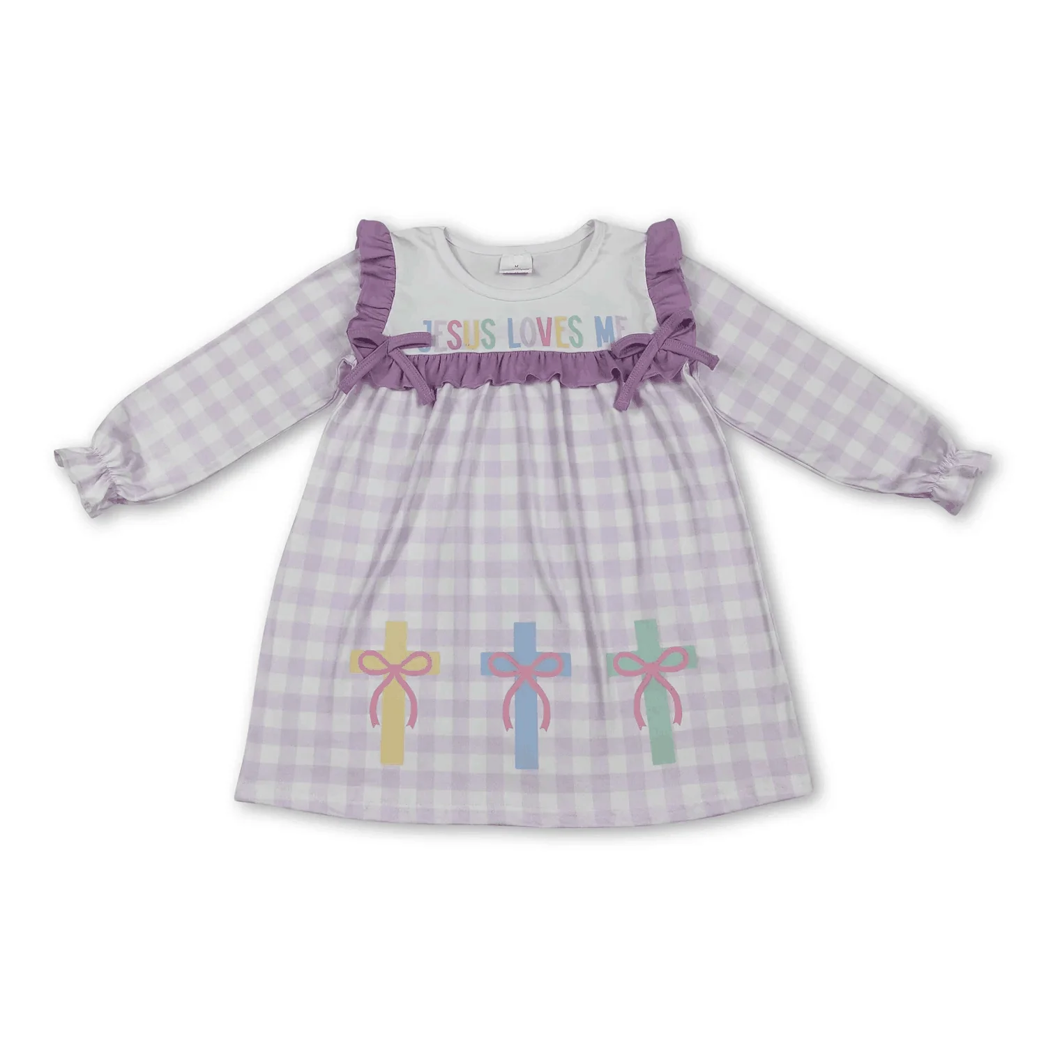 

Baby Girls Lavender Plaid Print Long Sleeve Dress Knee Length Jesus Love Me Cross Design Purple Checked Girl's Fashion