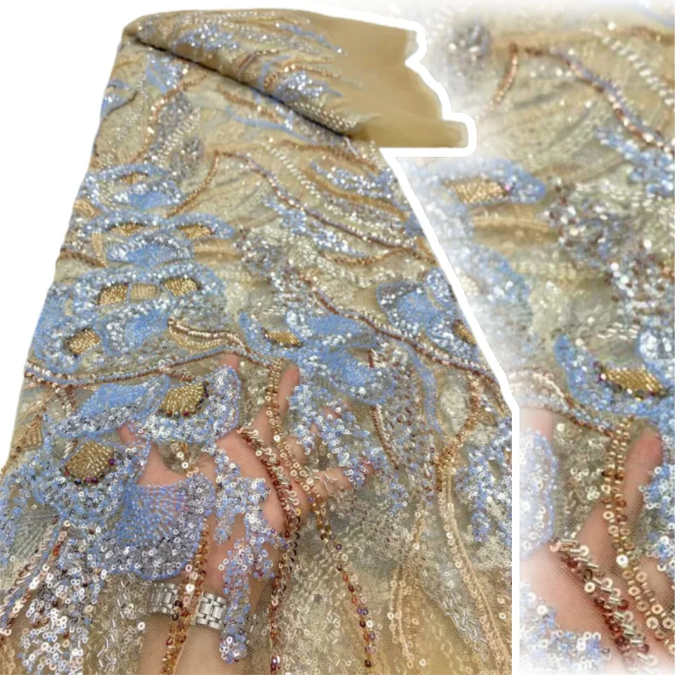 

African Beads Lace Fabrics Latest Sequin Lace Fabric 5 Yards High Quality 2025 Blue Lace Fabric Nigerian Wedding Dress TP1669