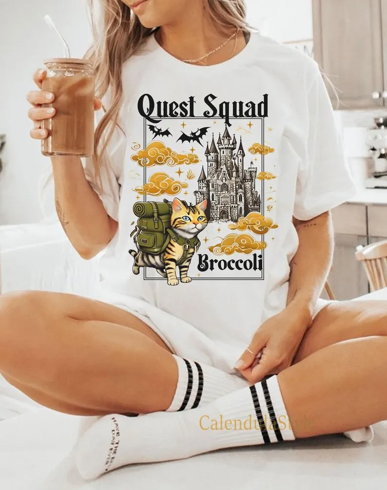 Onyx Storm Quest Squad Cat Broccoli T-Shirt, Fourth Wing Shirt, Broccoli Cat Shirt, Ridoc Romantasy Fan Shirt, Dragon Rider Tee