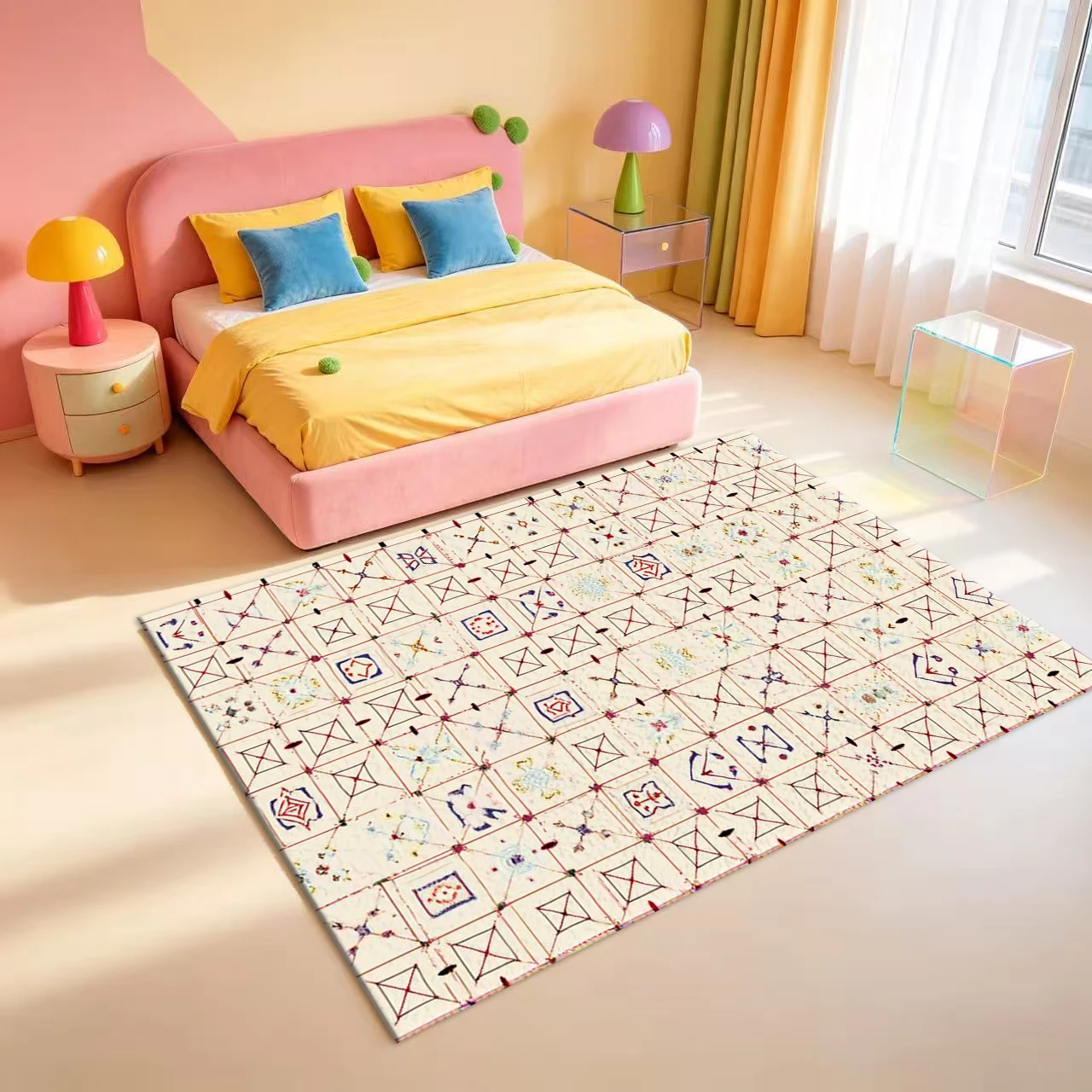 Vintage Mosaic Tile Geometric Square Pattern Carpet Flooring Retro Bohemian Area Rug For Indoor Home Living Room Floor Ornament