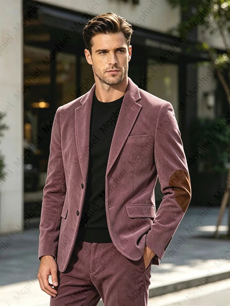 Corduroy Men's Suits Notched Lapel Long-Sleeved Tuxedos Slim Fit Patchwork Casual Outerwear Vintage Business Jacket Pants Blazer