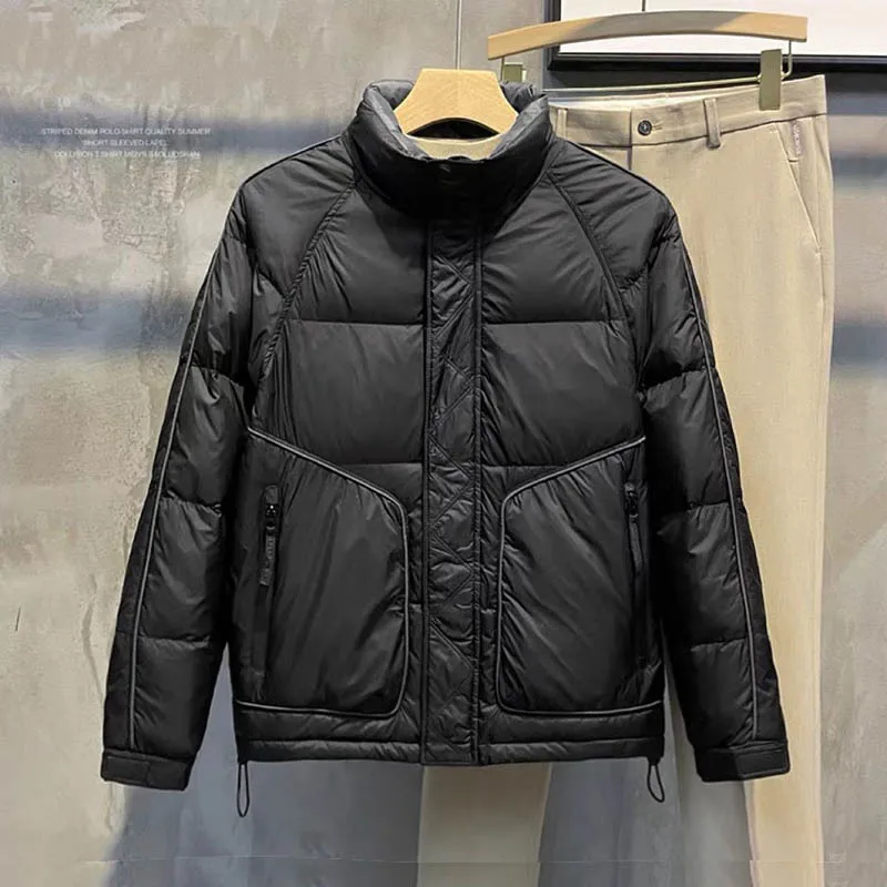 سترة رجالية عصرية قصيرة للأسفل من ريش البط الدافئ مقاومة للرياح وياقة واقفة منتفخة 900 قوة ملء على الطراز الكوري مبطنة سميكة...