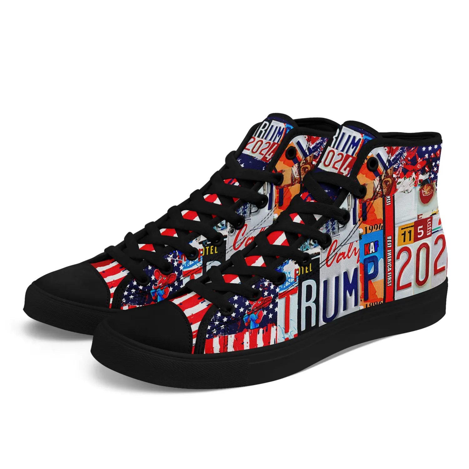 Dropshipping Print On Demand Custom High Top Canvas Shoes Trump 2024 Election KAF Defund the Media Keep America First Design