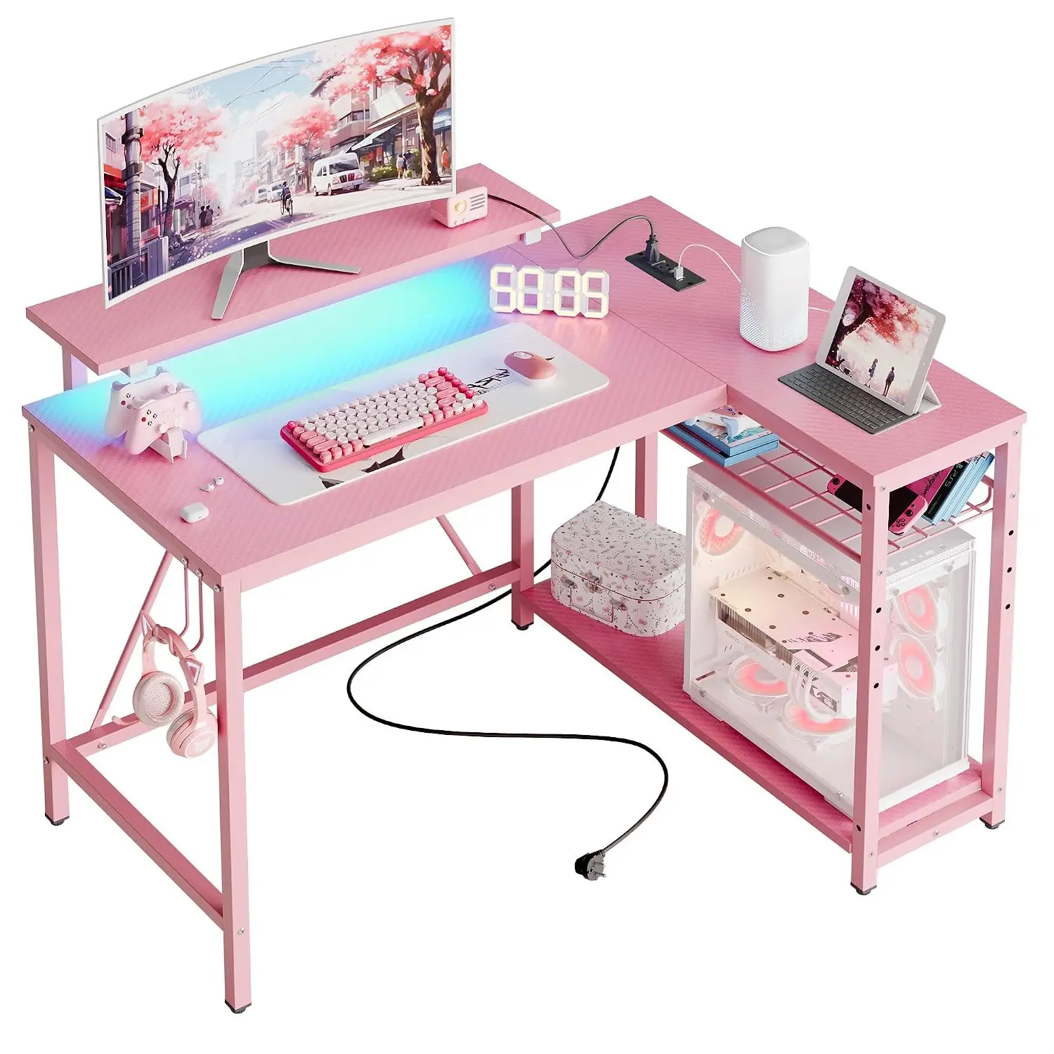 42-Inch Pink L-Shaped Gaming Desk With Charging & LED Lights, Customized