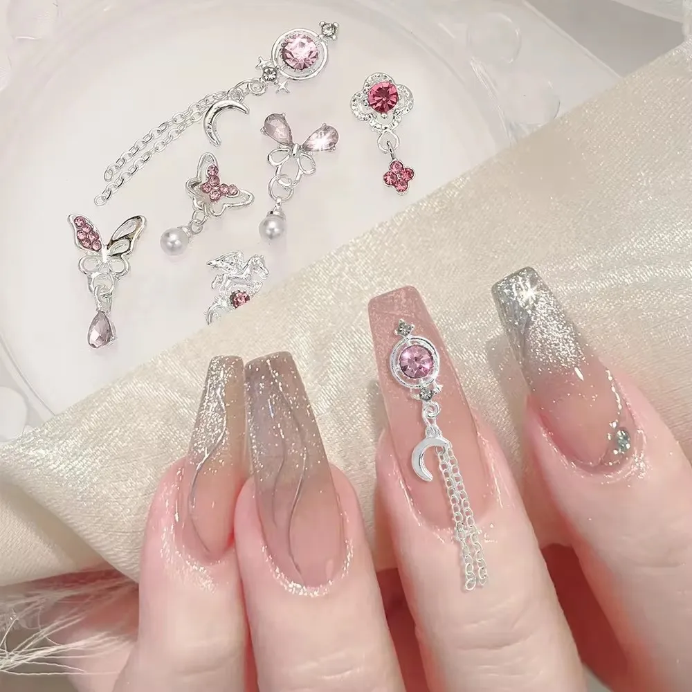

10pcs Super Flash Butterfly Love Pendant Nails Accessories Nail Art Luxu Alloy Pink Diamond Charm Nail Art Decorations Supplies