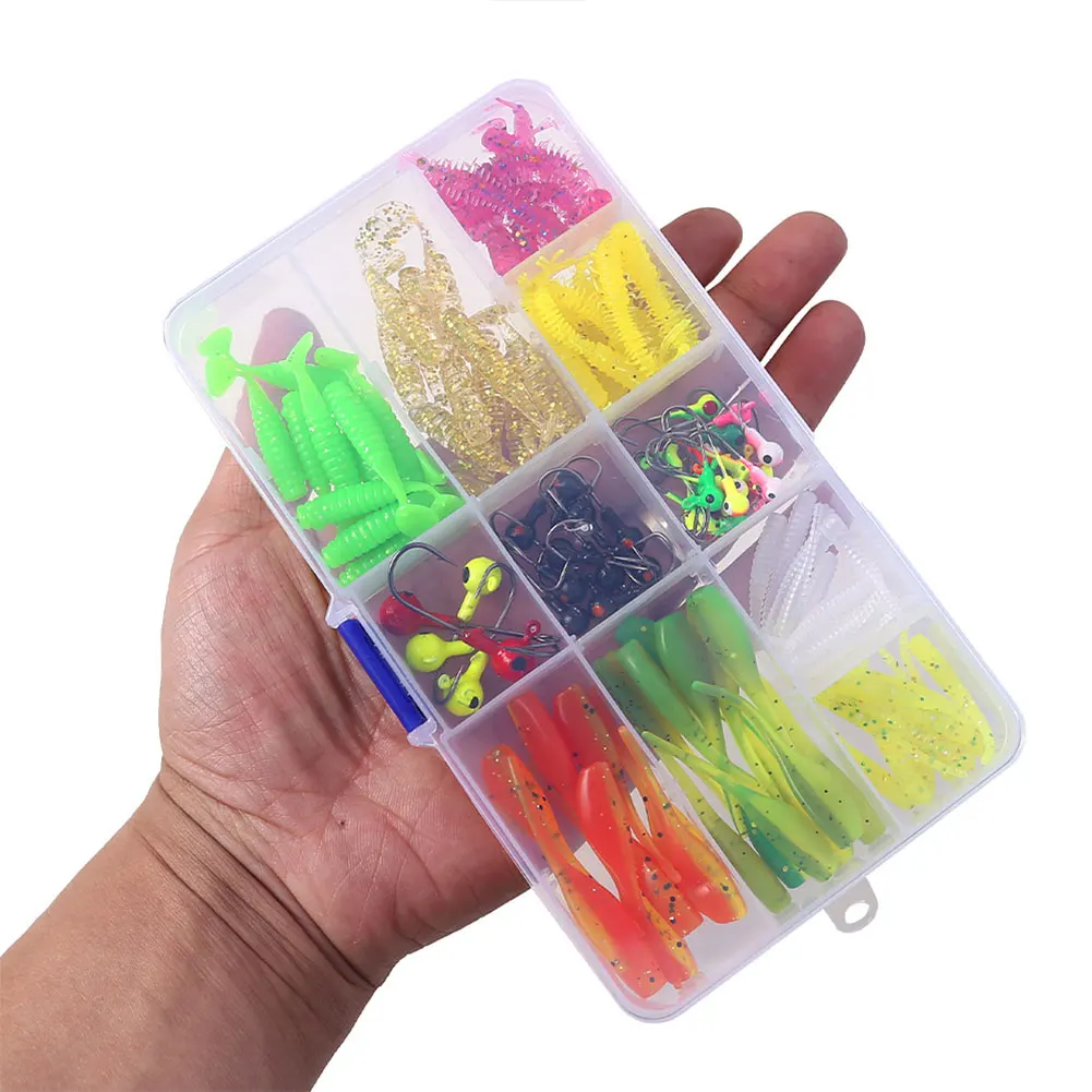 

Набор мягких приманок T-Tail из 115 шт. с джиг-головками и крючками, аксессуары для рыбалки, набор мягких рыболовных приманок, рыболовный ящик для снастей