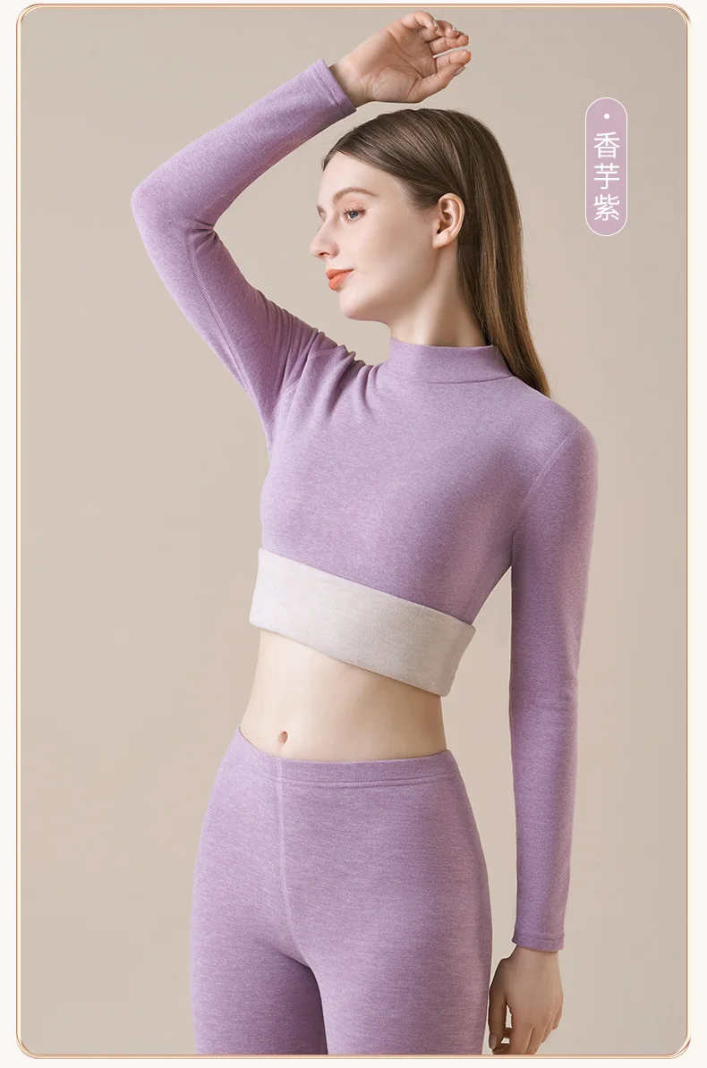 Damen-Thermo-Unterwäsche aus Kaschmirseide, Thermoshirts, warme Hosen, verdickte, einfarbige, halbrollkragenartige Oberteile, langärmlige Winterkleidung. – Detail 10