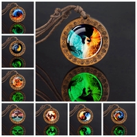 Luminous Ice Fire Phoenix Yinyang Necklaces Glass Dome Wood Pendant Rope Chains Necklace Women Men Glow In The Dark Jewelry Gift