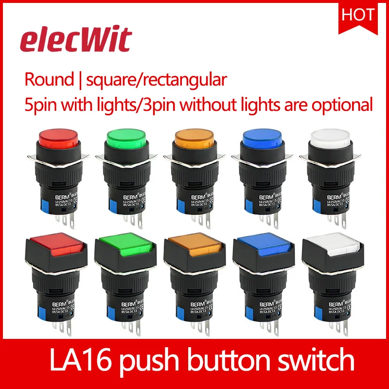 LA16 push button switch with lamp self reset and self-locking square rectangular circular starting power supply 12v 24v 16mm