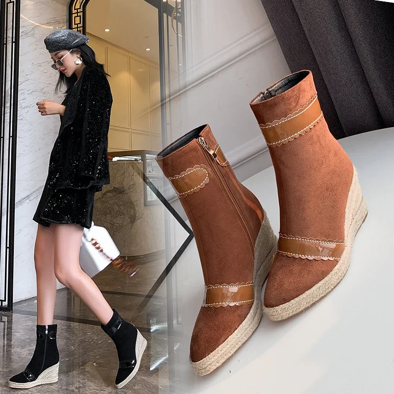 Female High Quality Faux Suede Ankle Boots Women\'s Hemp Rope Straw Platforms Wedges Boots Woman Autumn Fall Shoes Ladies Booties