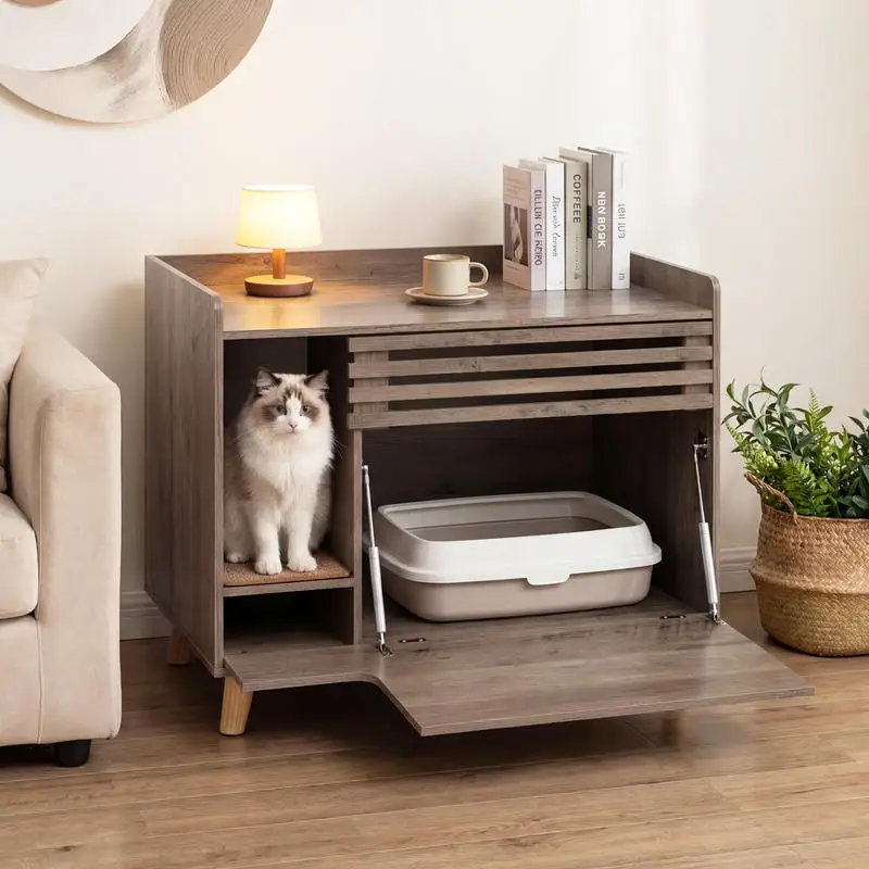 Cat Litter Box Enclosure Furniture With Flip-Down Door And Removable Scratching Mat, Solid Pine Wood Farmhouse Style Hidden Cat Toilet Cabinet With Storage Compartment And Ventilation Panel, Brown