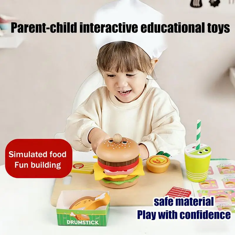 

1 Set Learning Educational Montessori Toy Children Pretend Play Wooden Hamburger Sandwich Kit Kids Kitchen Toys-TOY
