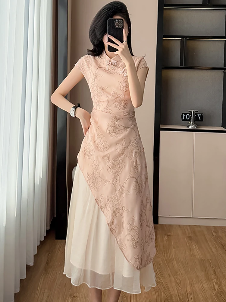 Été rose broderie florale Patchwork à volants longue robe femmes coréenne élégante robe de luxe robe 2025 nouvelle robe de soirée moulante