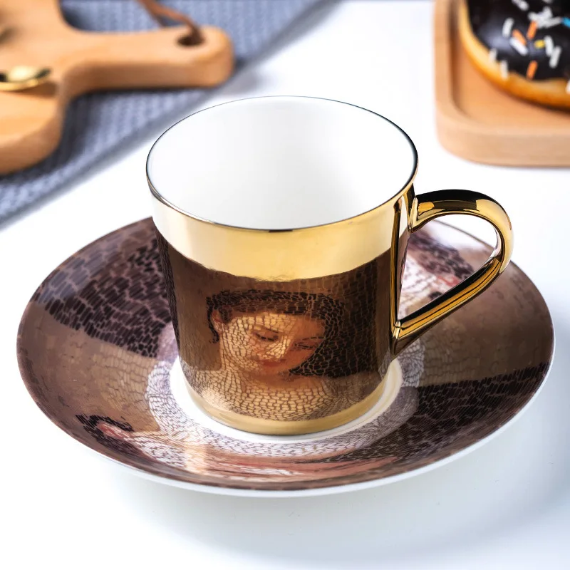 

Reflective ceramic coffee cup dish with spoon mirror cup creative refraction reflection electroplating mirror