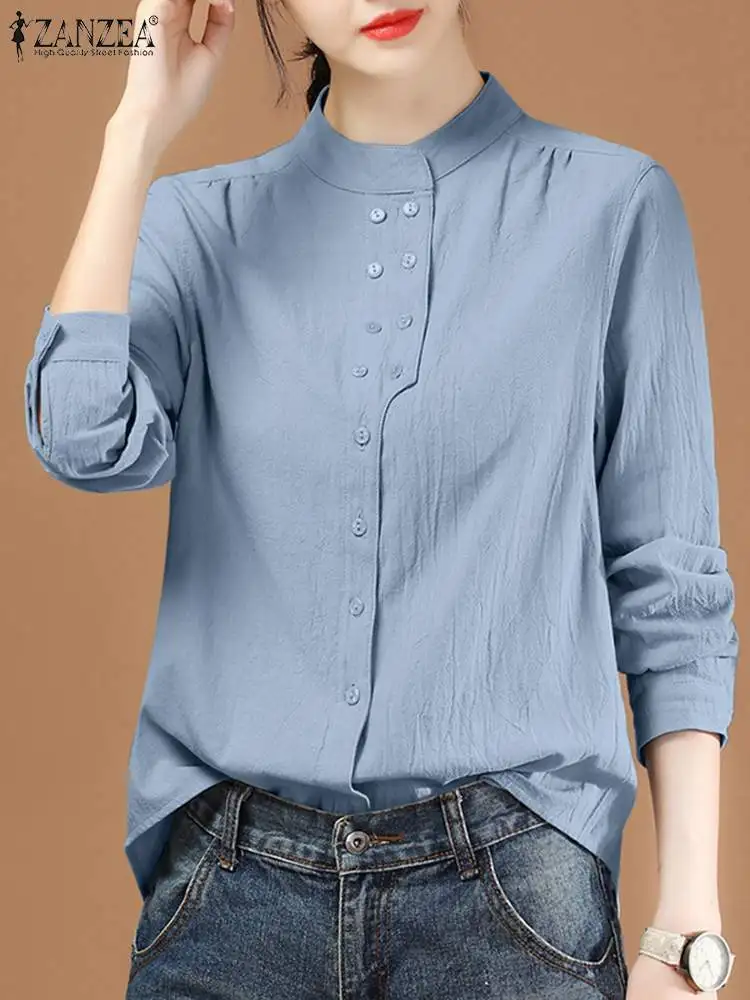 2024 ZANZEA Fashion Tops Long Sleeve Shirt Women Autumn Stand Collar Casual Solid Color Blouse Button Up Elegant Office Blusas